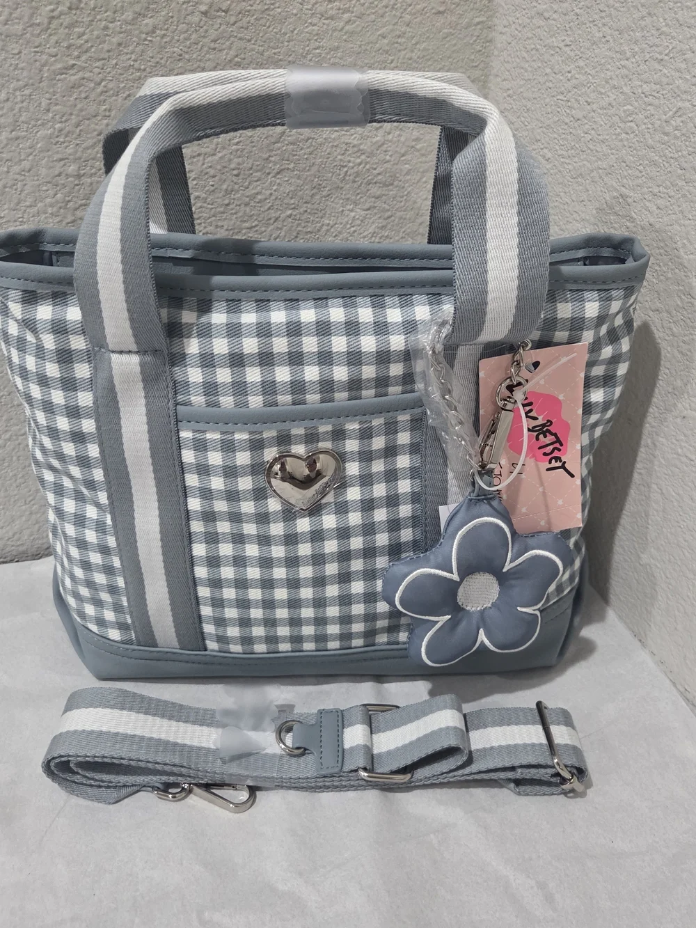 Betsey Johnson Light Blue Gingham Tote with Flower Charm